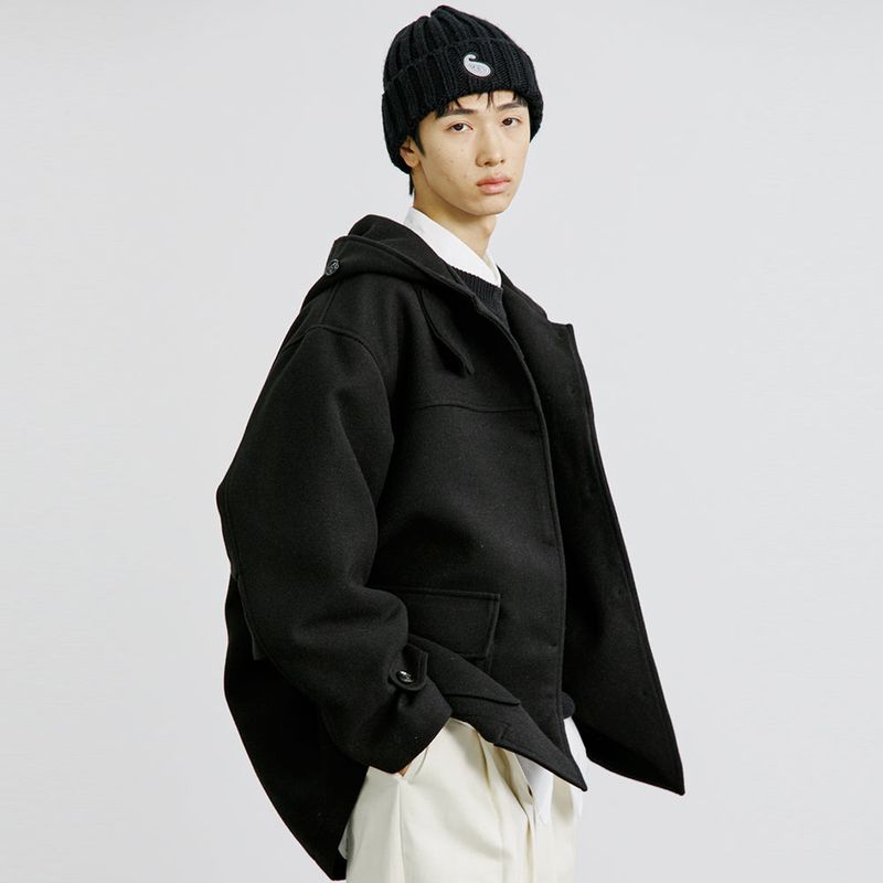 WOOL BLENDED FIELD HOOD COAT BLACK