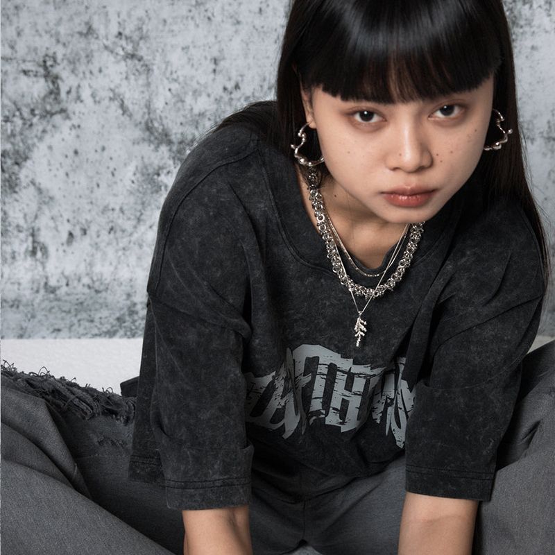 ash-washed logo T-shirt (BLACK)