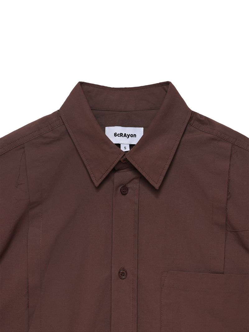 6CRAYON Patchwork Basic Brown Cotton Poplin Embroidered Shirt