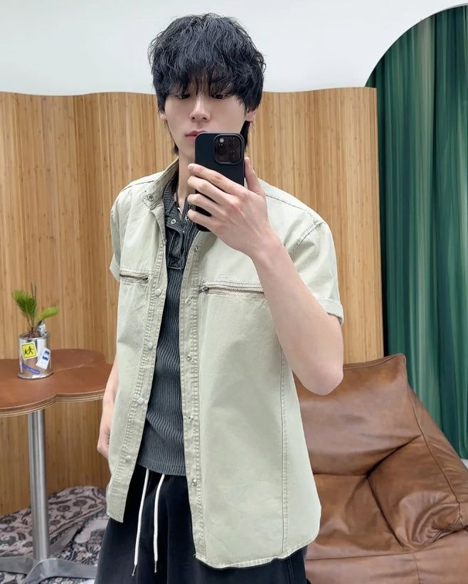SATIIIZ（サティーズ）の「Furd-dyed zipper short-sleeve shirt（Tops）」