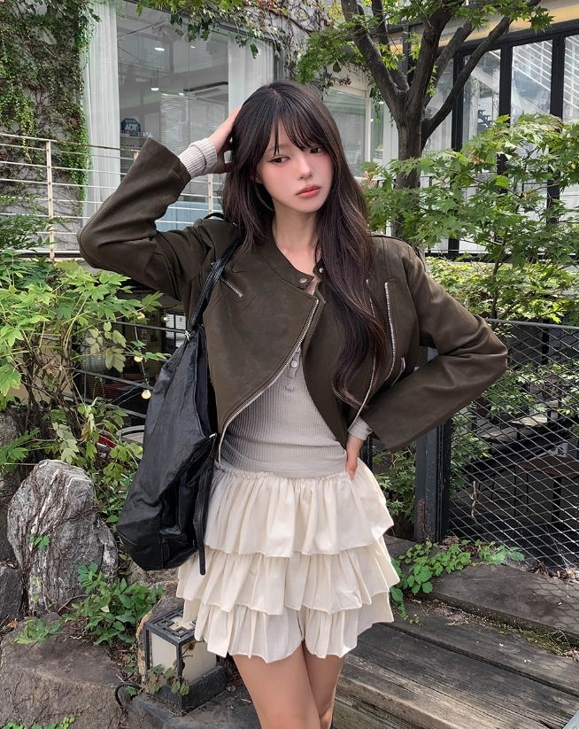 Dock Unbalance Zipper Crop Leather Jacket