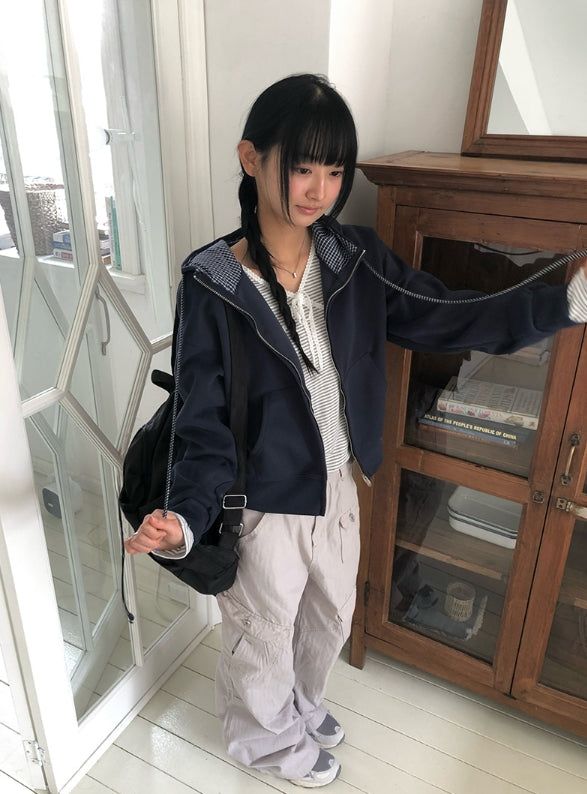 Infチェックカラーマッチング2wayフードジップアップ