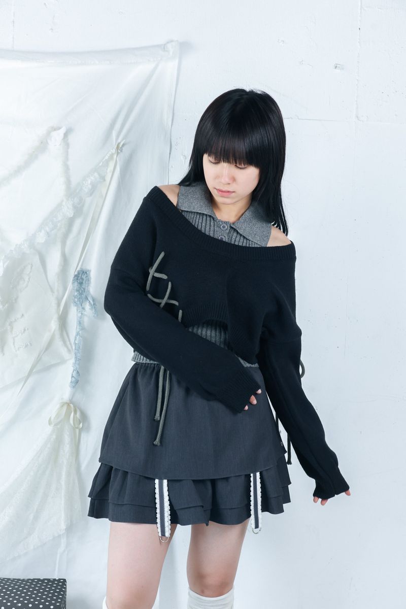 laceup ribbon knitset(black)