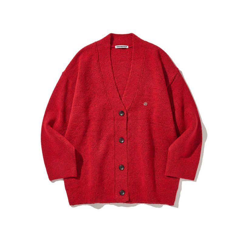 (DUC) Oversized V-neck knit cardigan Red