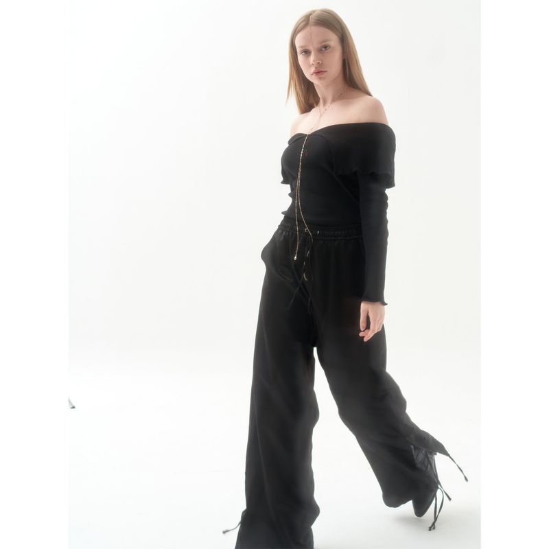 211-RIBBON SLIT SATIN PANTS