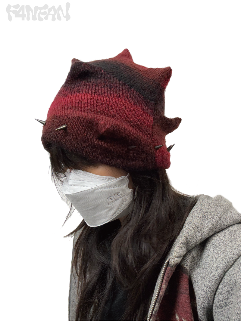RED&BLACK Punk Spiky Textured Knit Beanie Studded Brim