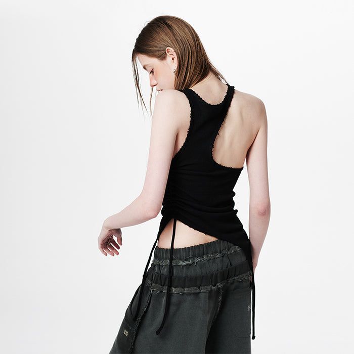 HOLY NUMBER 7(ホーリーナンバーセブン)の「Back Slit Waffle Shirring Top _ Black(Tops)」