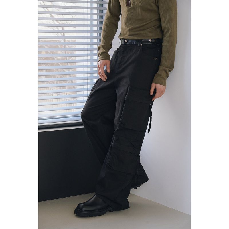 Leather ribbed henry neck long sleeves(Khaki)