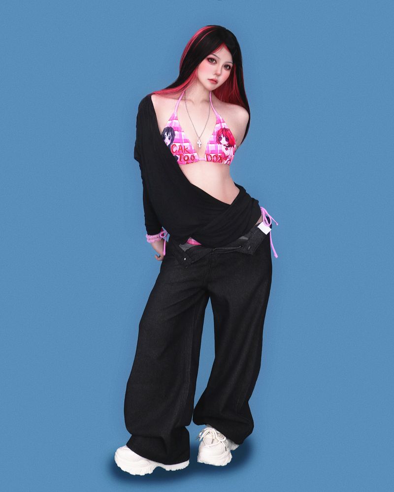 pink stone black denim pants