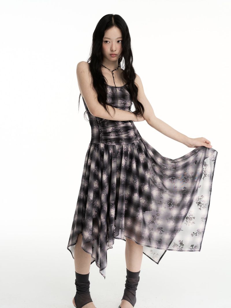 CONFUN jacquard net mesh pattern irregular skirt hem halter dress