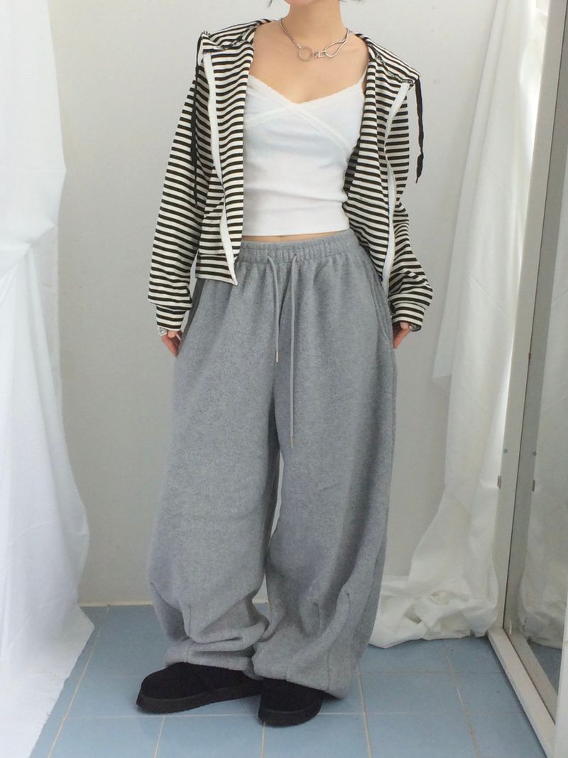 Stripe Semi-Crop Hooded Zip-Up