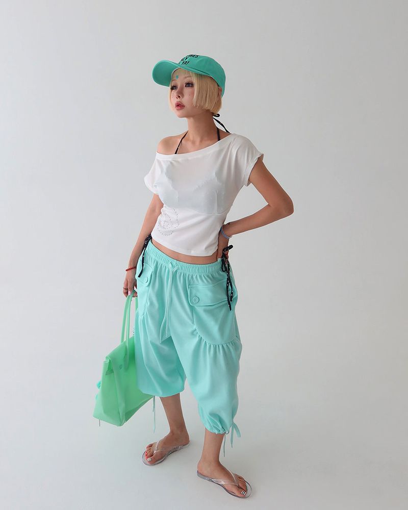 Button Big Pocket Bermuda Harem Capri Pants