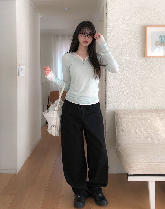 Lower See-through Hook V-Neck Long Sleeve