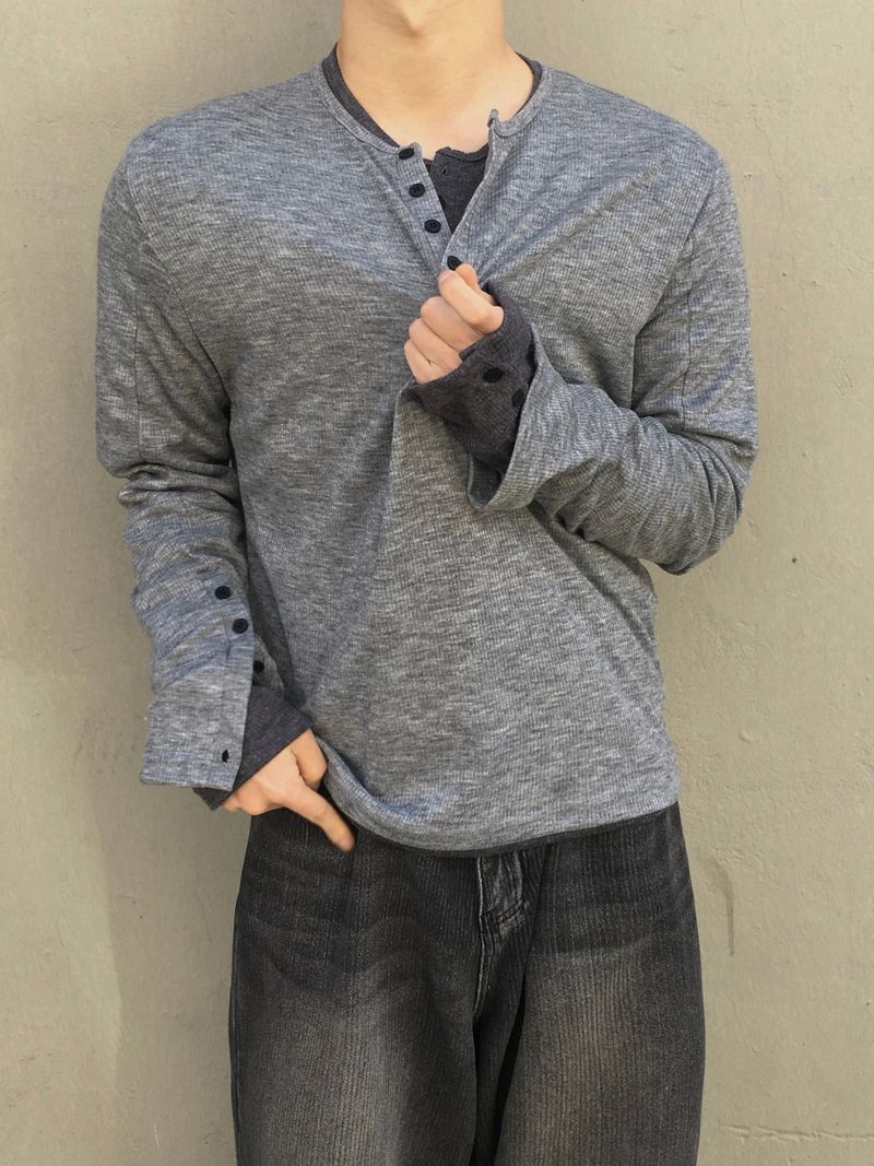 Karu Ribbed Henley Neck Button Long Sleeve 3C