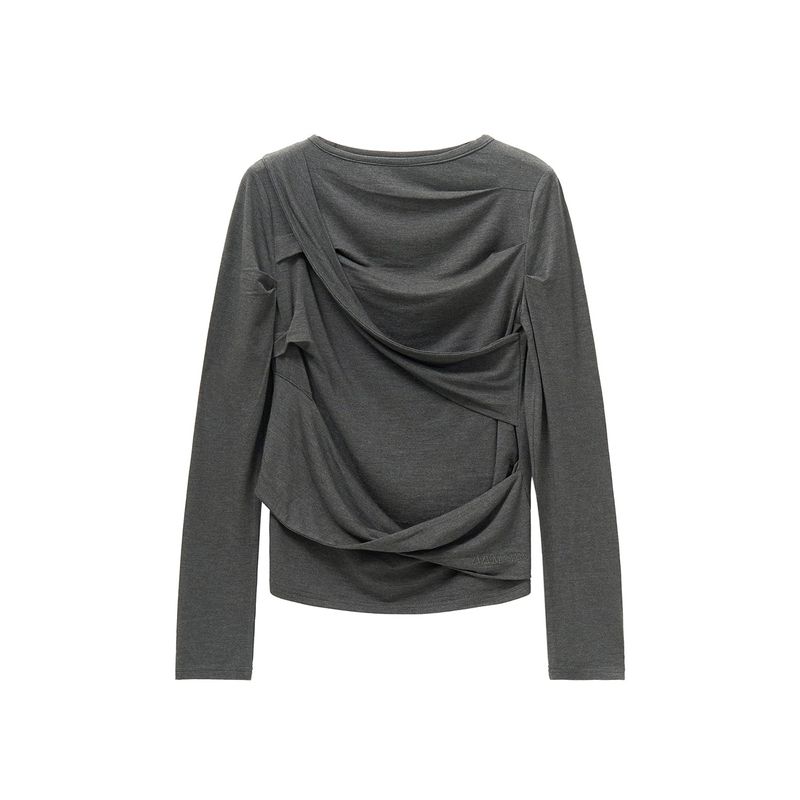 TWIST DRAPE LONG SLEEVE TOP (MELANGE BLACK)