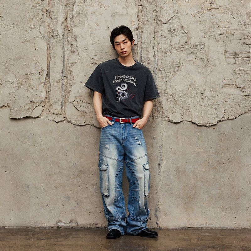 Washed Cargo Denim Detail Pants
