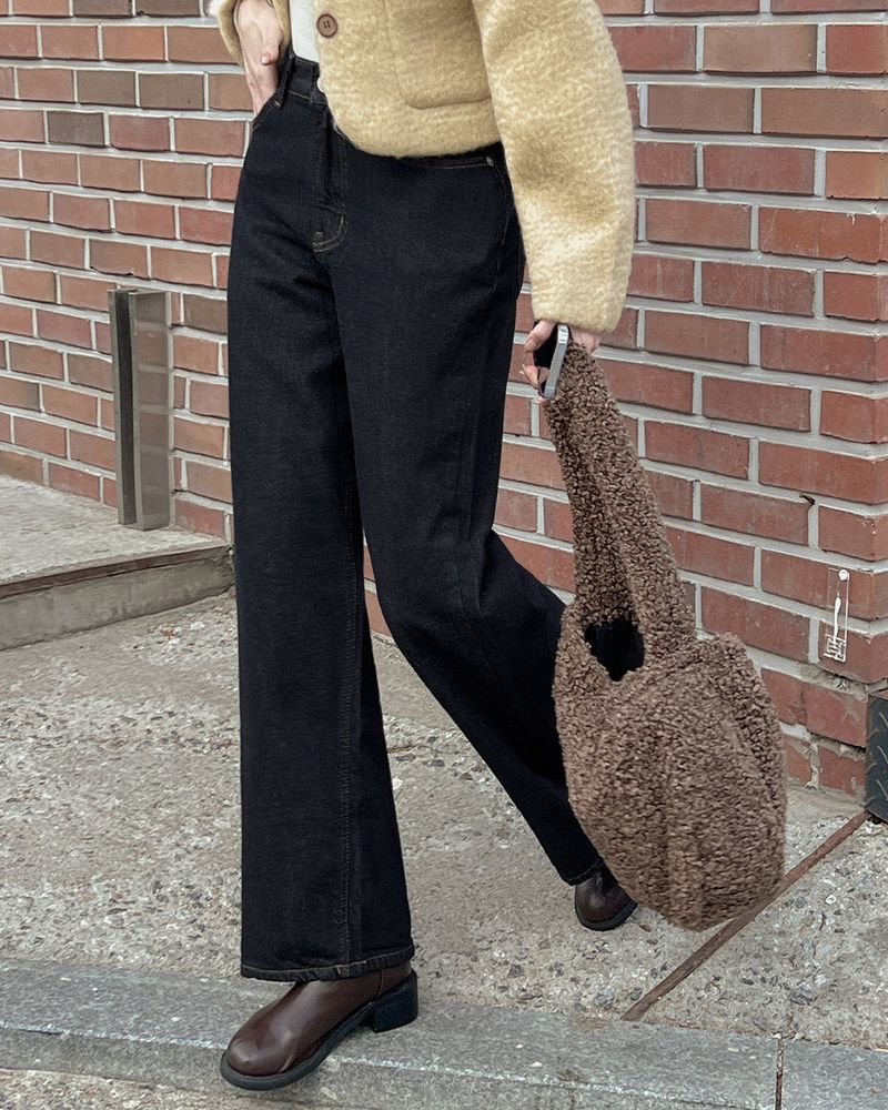 Fleece wide denim pants