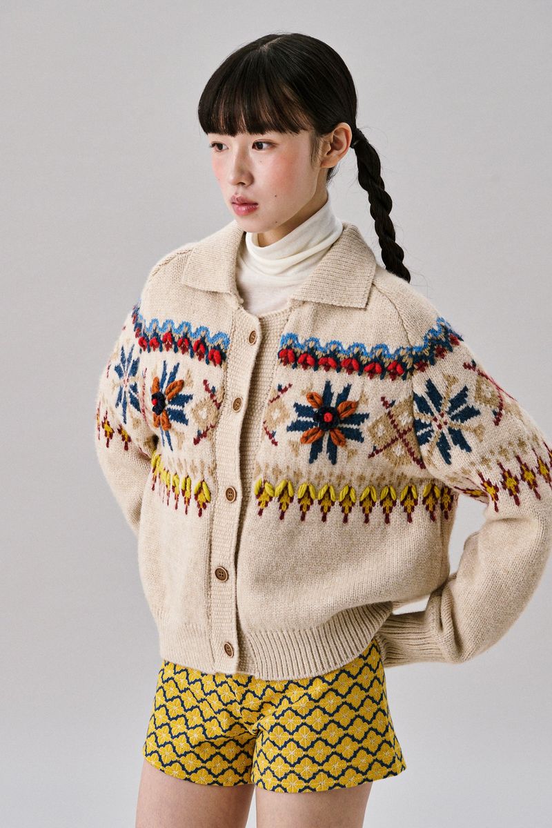 Grid Jacquard Cardigan [Ivory]