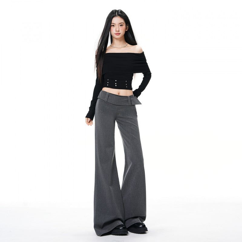 French Low-Waist Micro Flare Slacks – Tailored Slim Wide Casual Pants