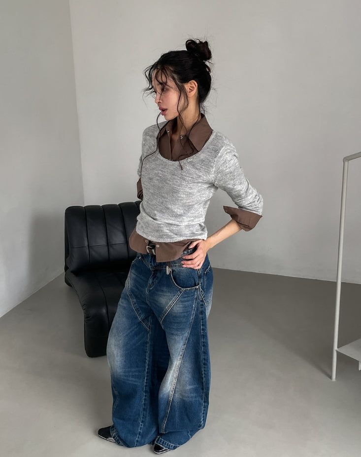 Tiv Curved Cut Balloon Denim Pants