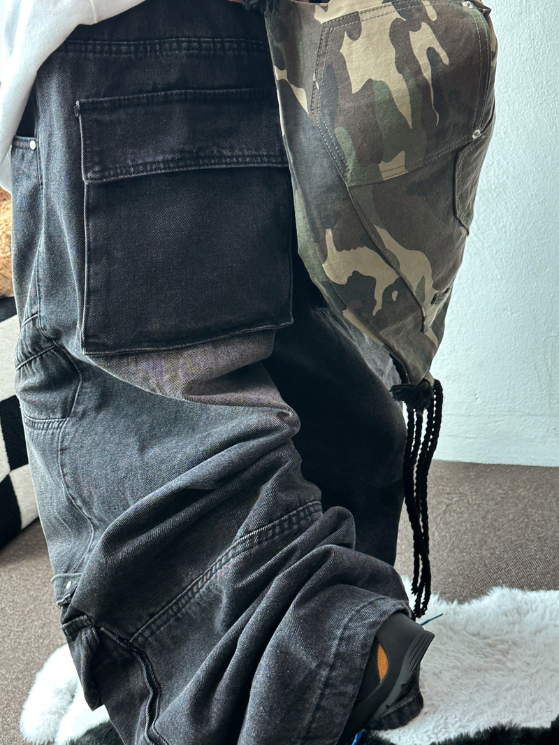 HIP RIVET KEYRING DOWN CARGO DENIM LONG PANTS🩵🩶 - 2 COLORS