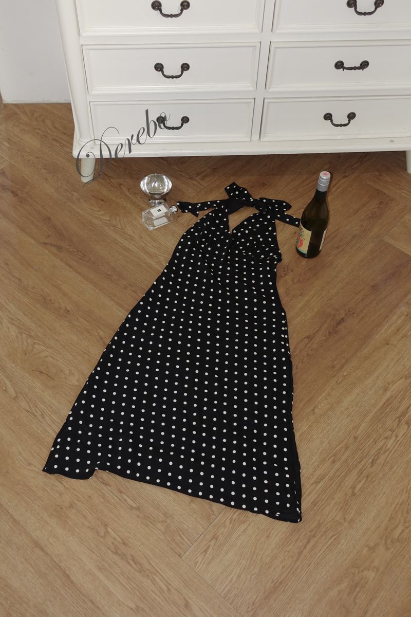 dot halter-neck sleeveless V-neck long dress