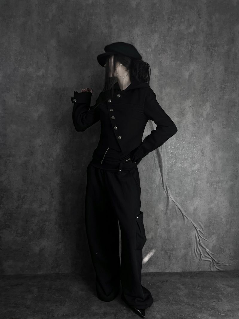 diagonal button color block jacket