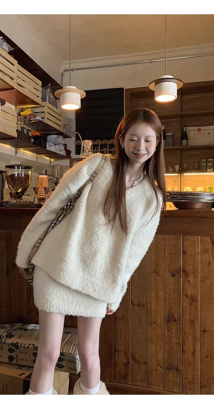 Cloud V-neck Knit Skirt Two-piece