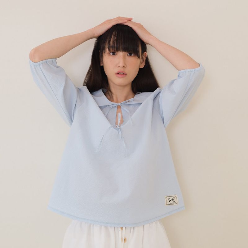 Sky Blue Seersucker Ribbon Blouse