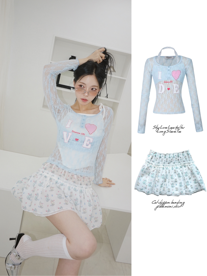 Cat chiffon banding flare mini skirt