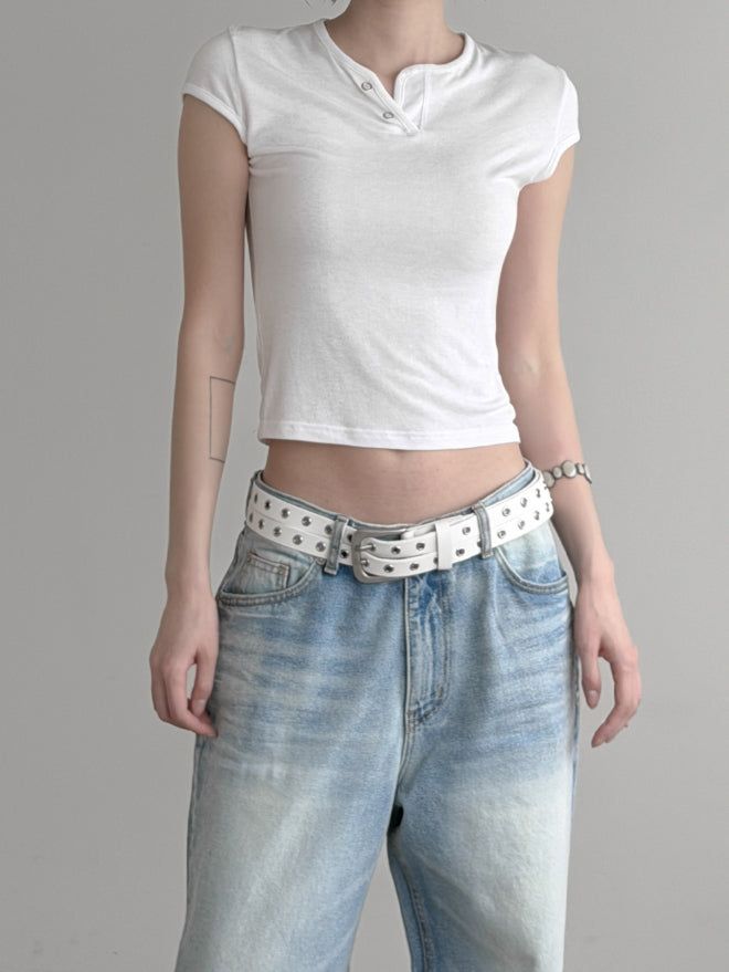 Lien Eyelet Henley Neck Open Crop Top