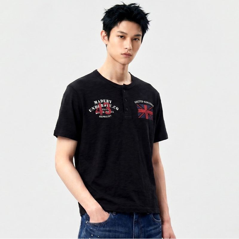 UNDEROFF（アンダーオフ）の「Slub Henley-Neck Cropped T-Shirt Union Jack Black（Tops）」