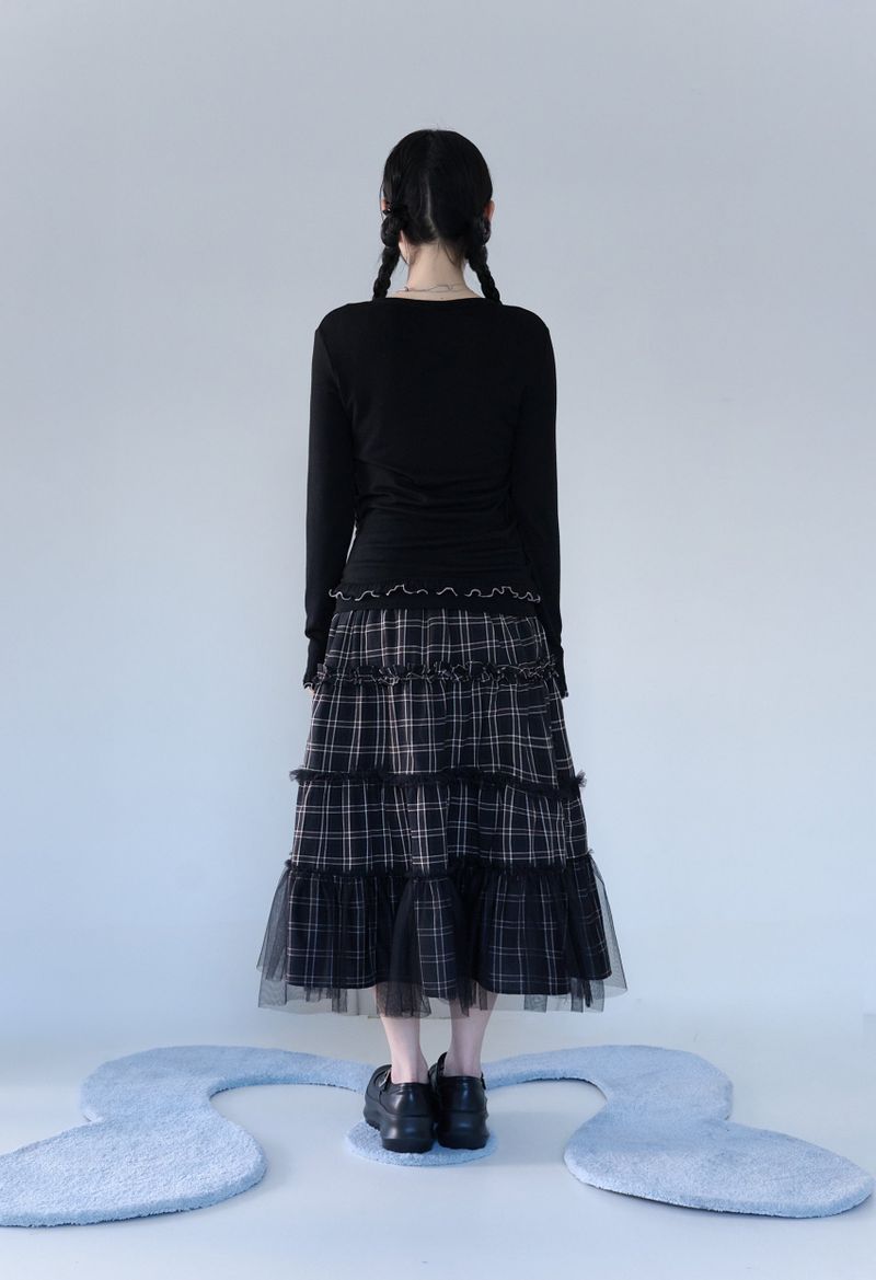 FOLDED CHECK FRILL MESH SK BLACK