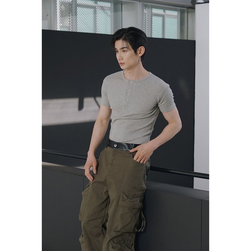 High ribbed henry neck half sleeves(Gray)