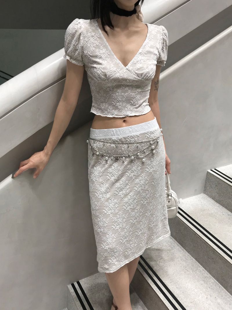 French Garden Lace Deep V-neck Puff Sleeve TOP & MIDI SKIRT SET 