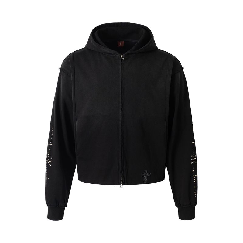 WANGXINGYU（ワンシンユー）の「WASHED DISTRESSED DESTROYED SLEEVES HOT-STUDDED SINGLE-NEEDLE EMBROIDERY ZIP-UP HOODIE（Tops）」