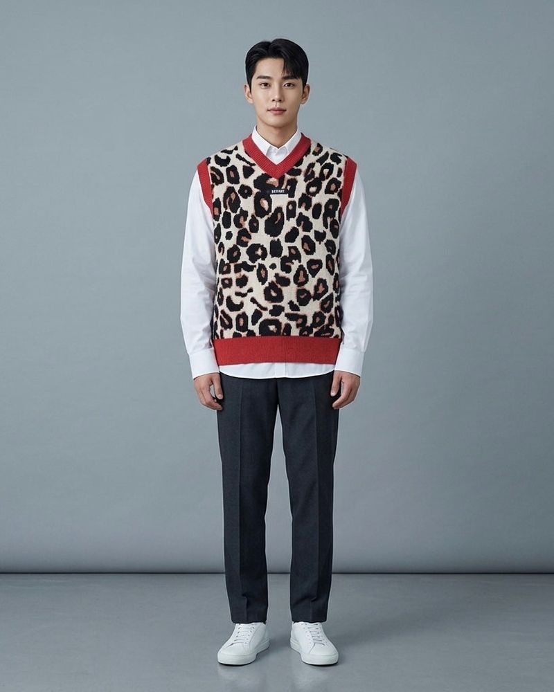 Red & Ivory Leopard Knit Vest