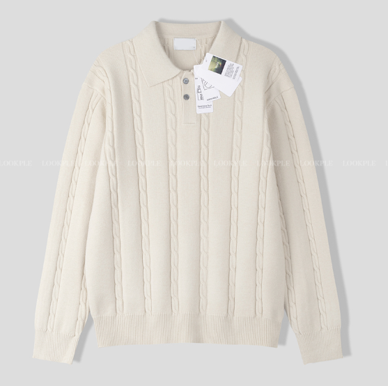 All-Day Cable Pattern Two-Button Collar Knit