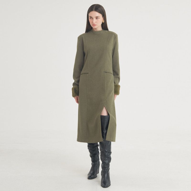 Herringbone Slit Long Dress (Khaki)