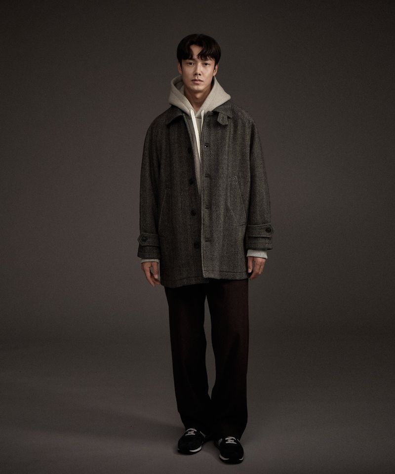 BALMACAAN HERRINGBONE WOOL CASHMERE HALF COAT BLACK