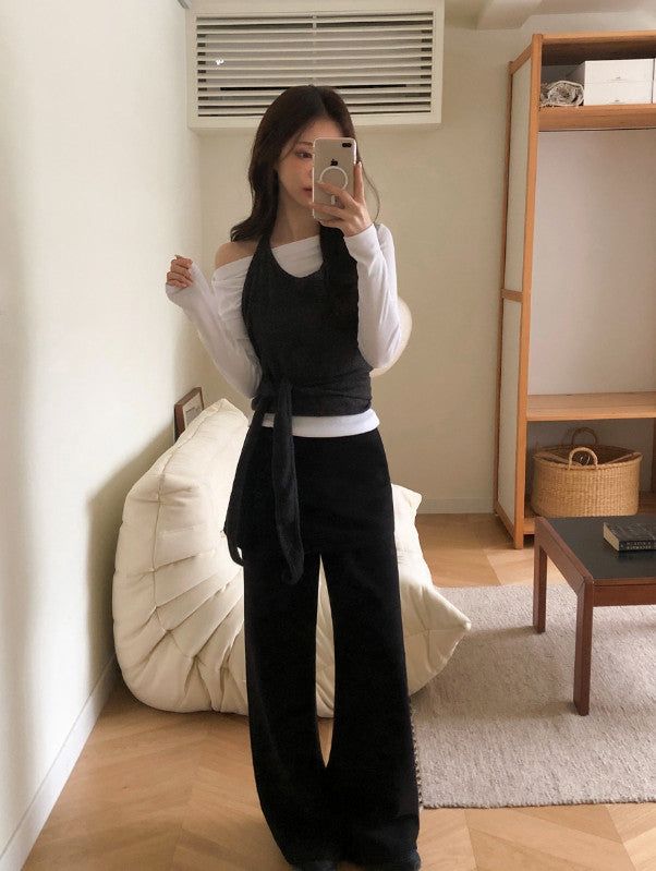 #Button Wrap Layered Skirt + Pants Set (2color)