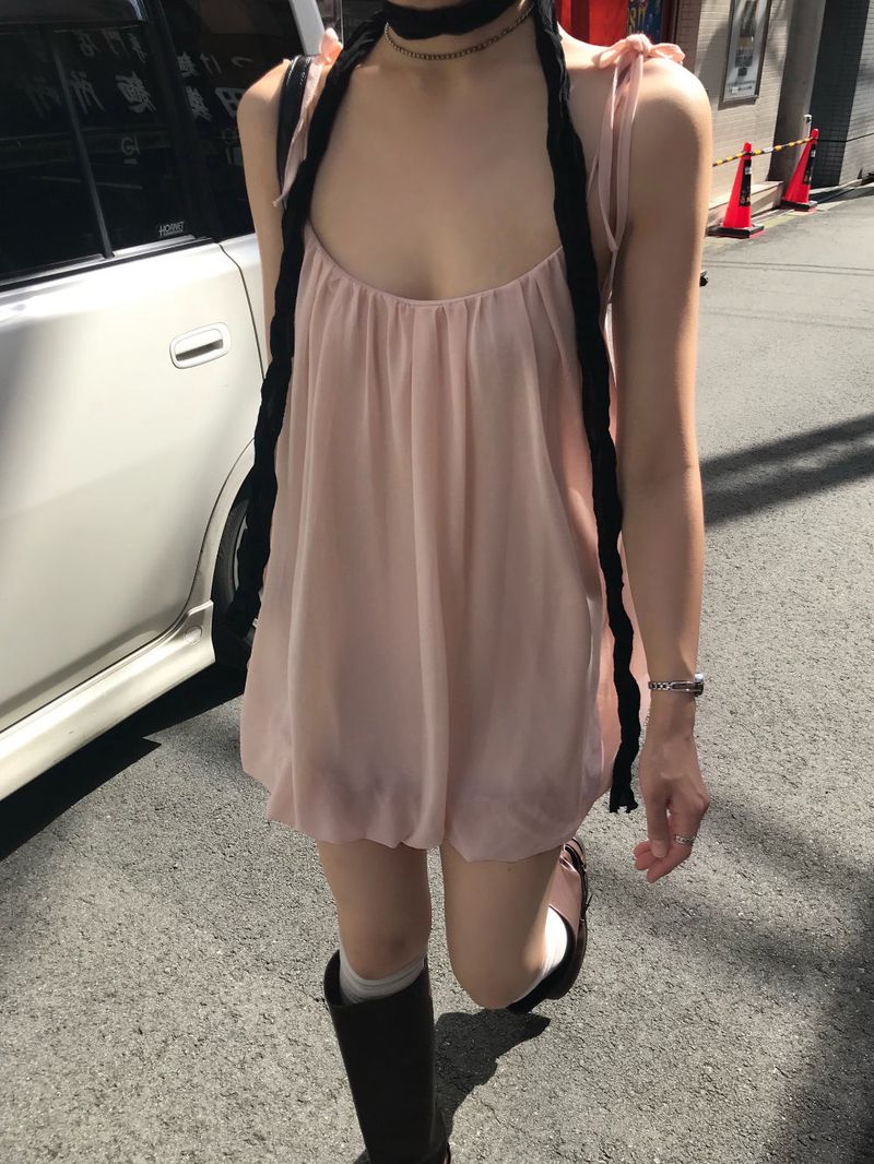 Peach Hug Ribbon Slip Pumkin Sleeveless Mini Dress