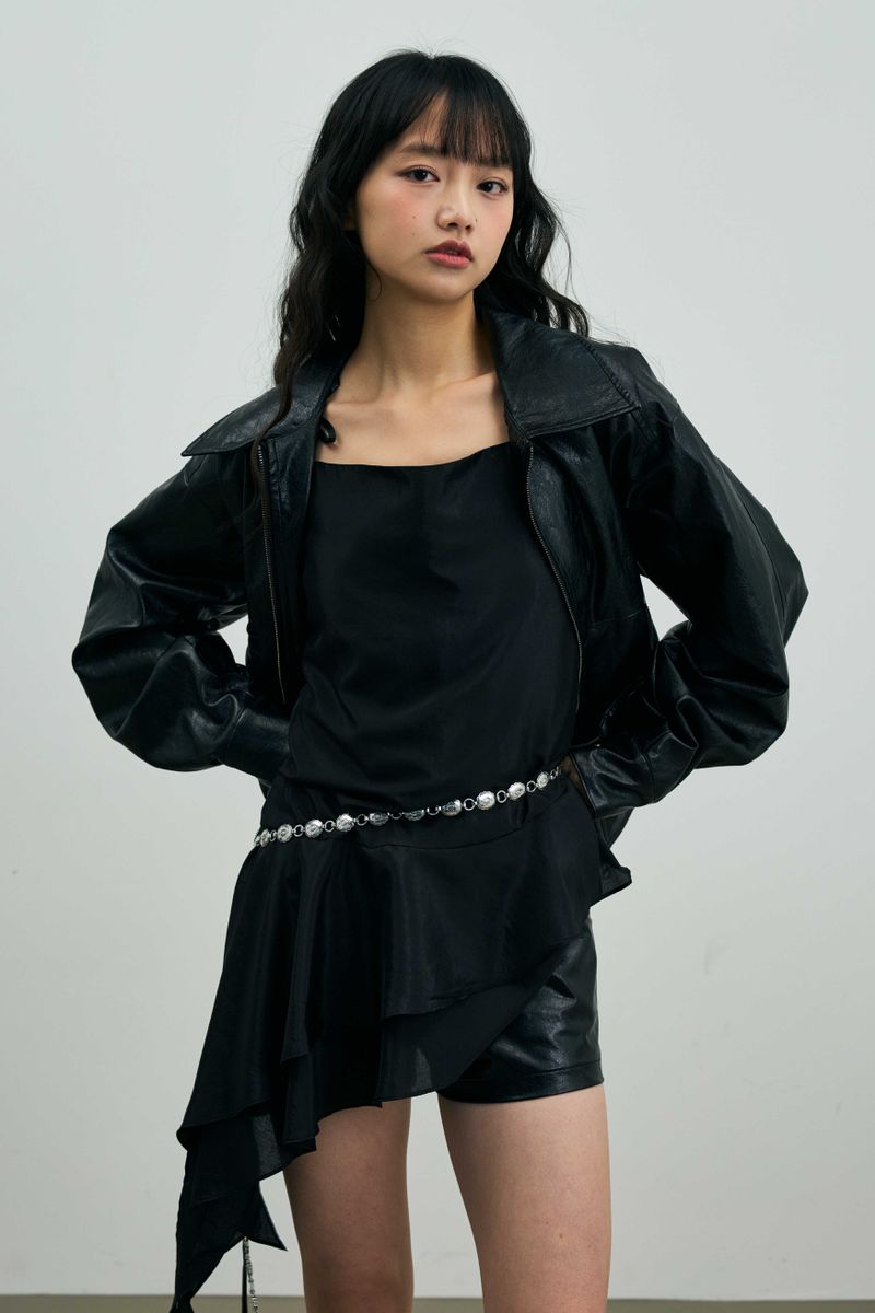PAMELA LEATHER BOMBER JACKET / BLACK