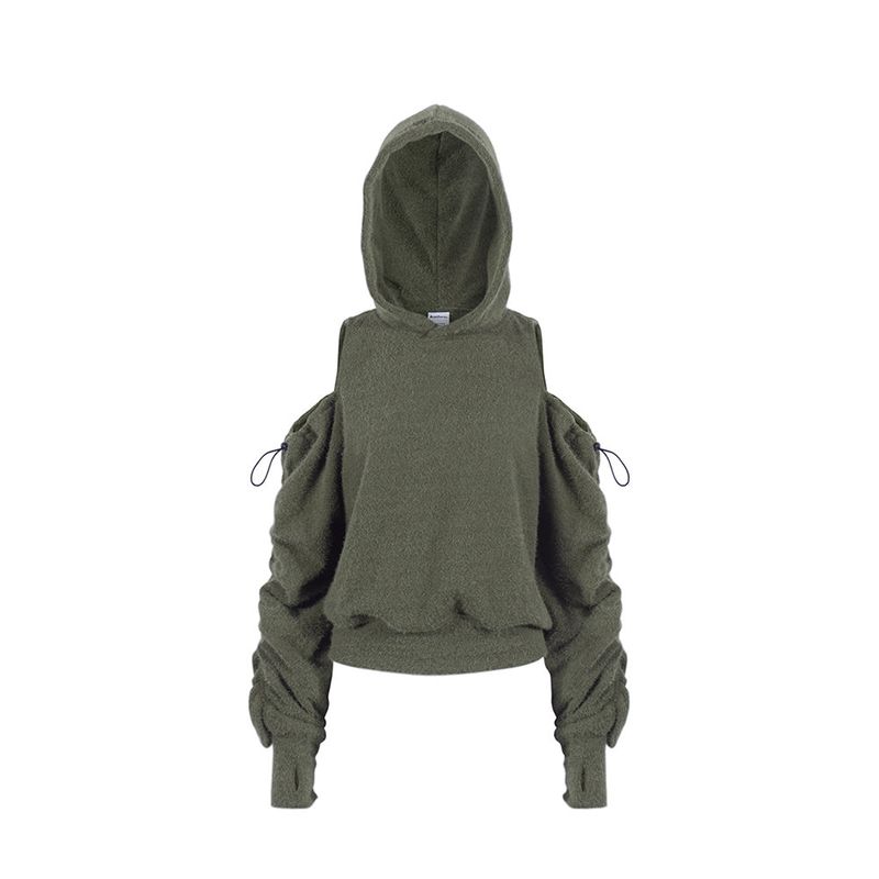 CUT OUT OFF SHOULDER ANGORA HOODIE_Khaki