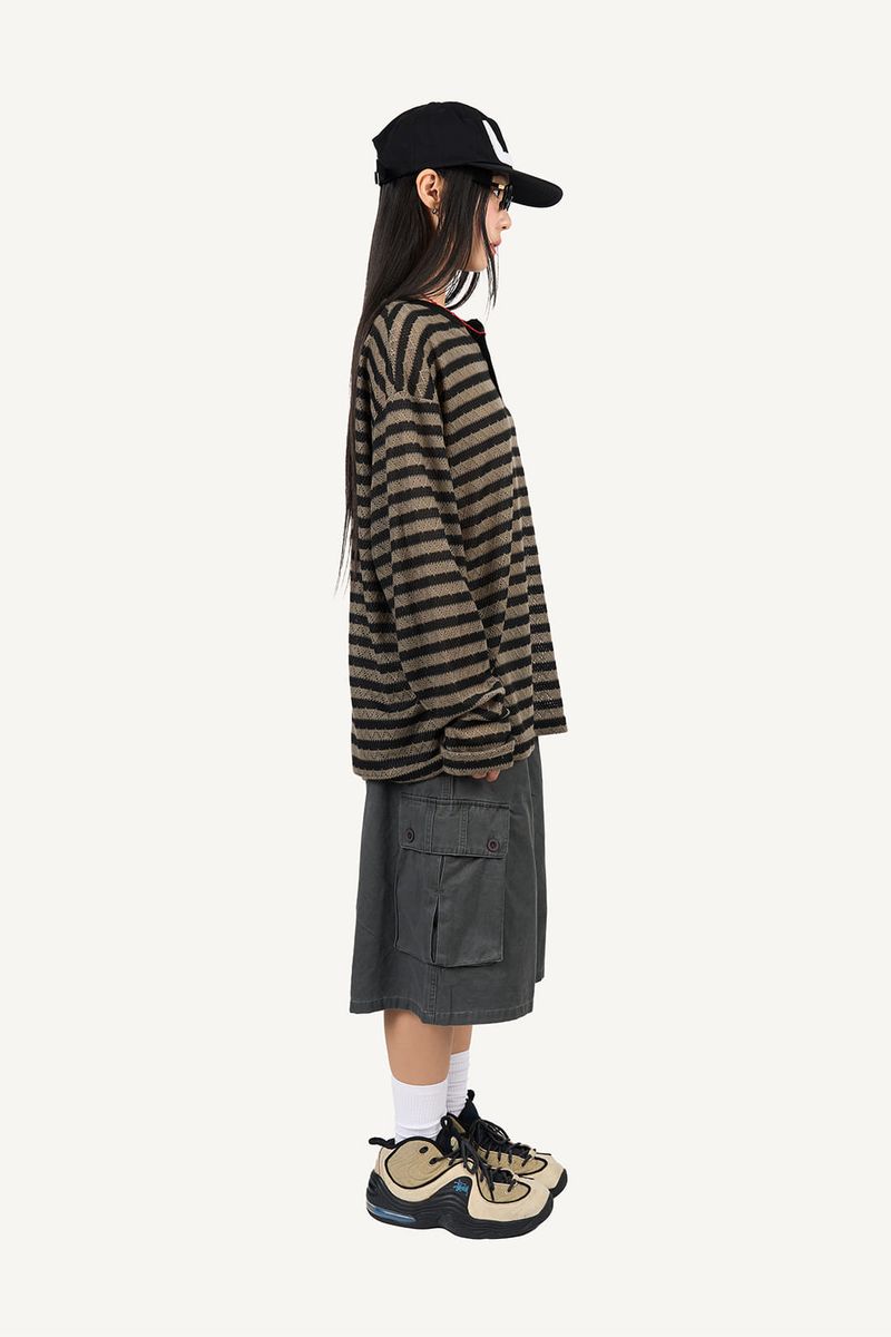 Striped Henley neck long sleeve knit