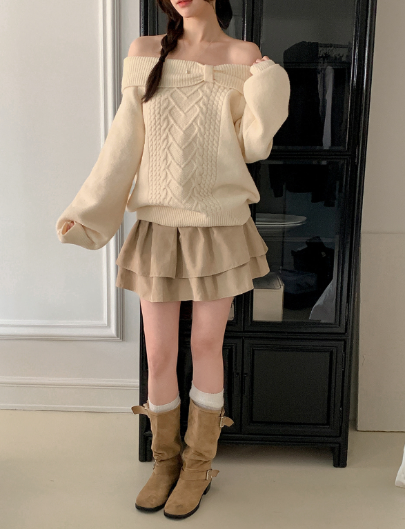 Present Ribbon Twist Loose Off Shoulder Knit (4color)