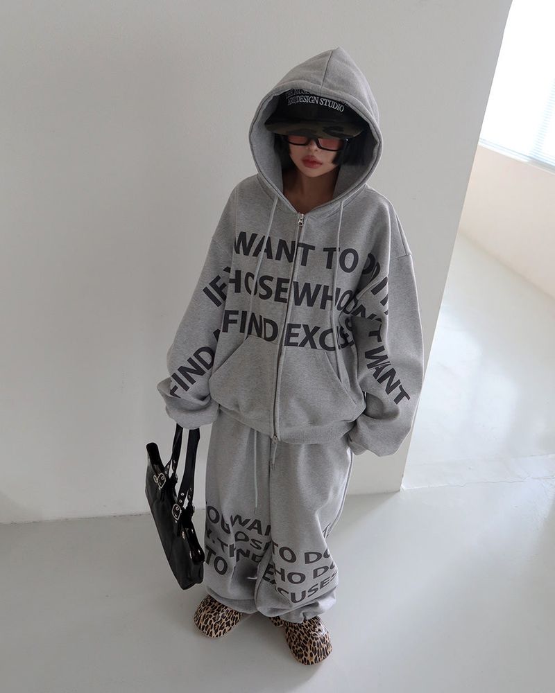 [UNISEX] One-two lettering oversized-fit hooded zip-up jacket