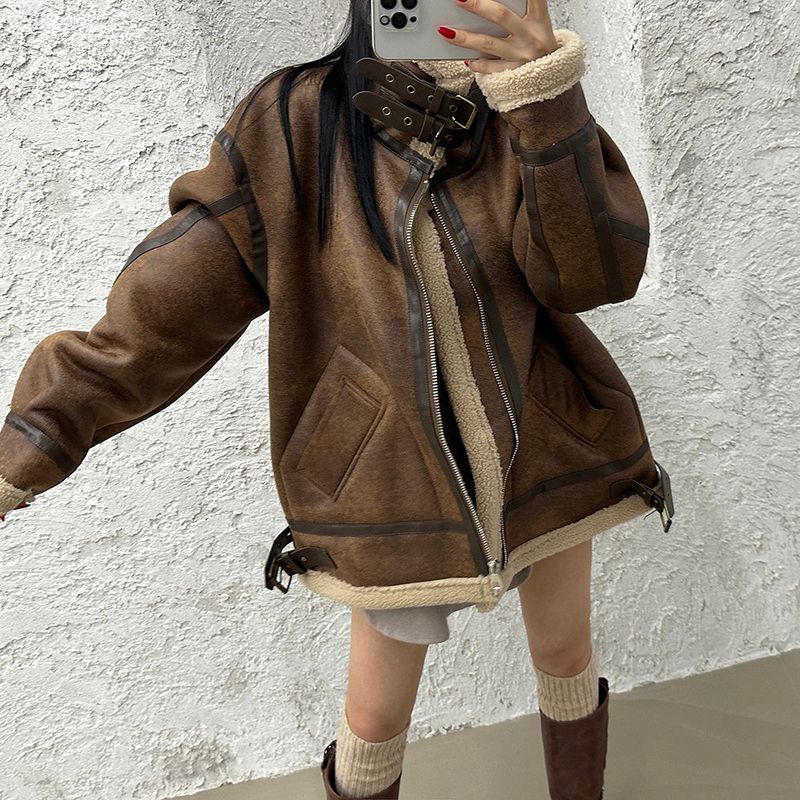 Oversized Fit Leather Wool High-Neck Mustang