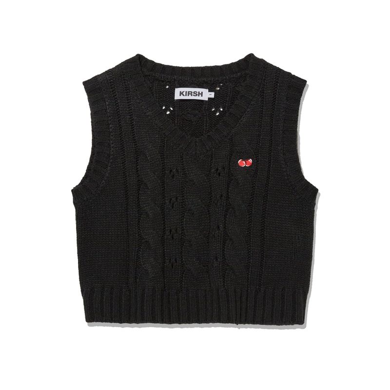 SMALL CHERRY CABLE CROP KNIT VEST [BLACK]