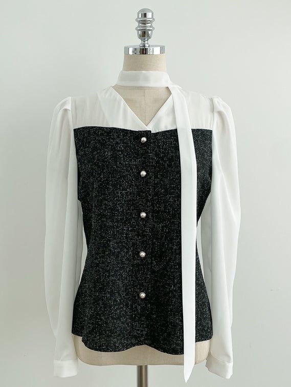 Benilla Color Matching Tweed Tie Blouse
